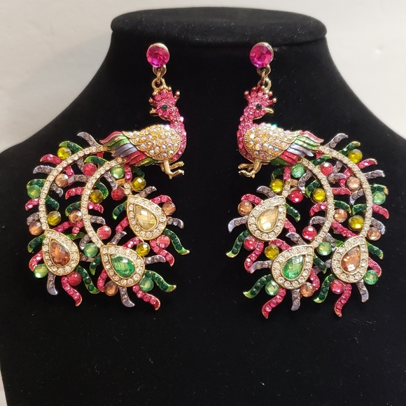 Large Beautiful Rhinestone Peacock Statement Earrings - Picture 3 of 12